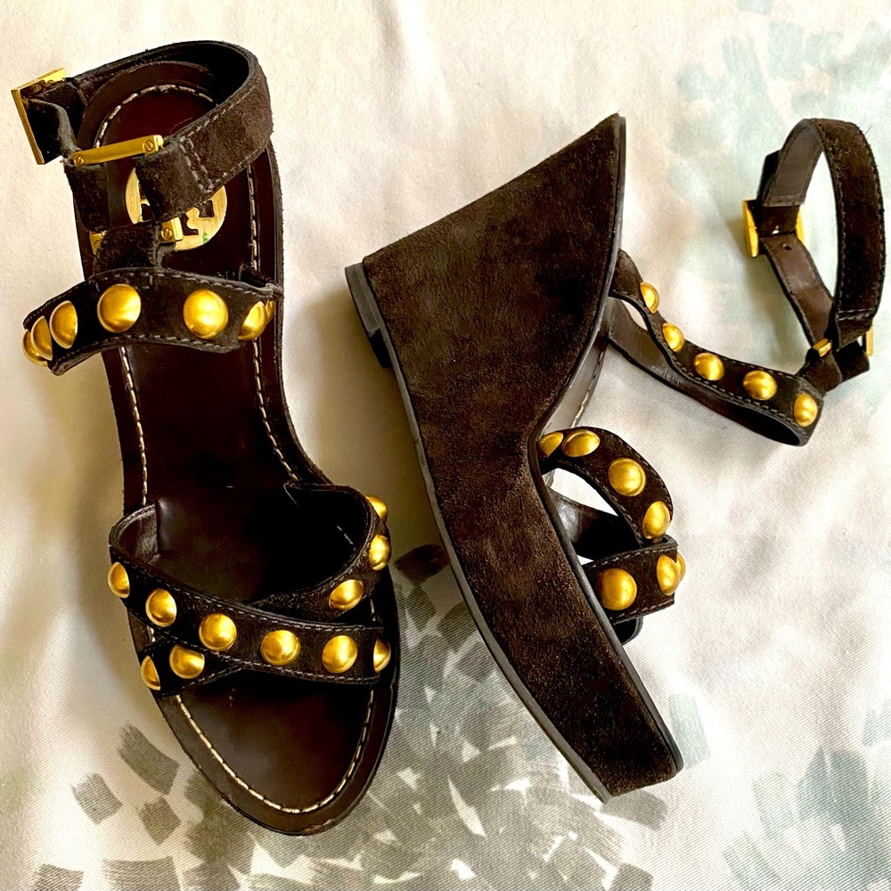 Tory Burch Chocolate Brown Suede Platform Wedge Heel Sandals